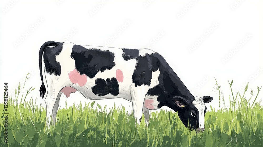 A serene black-and-white cow grazes peacefully on lush green grass, gazing right as it arches elegantly in a harmonious field dance A serene black-and-white cow grazes peacefully on lush green grass, gazing right as it arches elegantly in a harmonious field dance