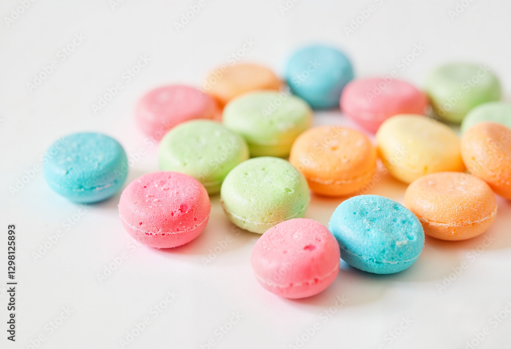 Sugar-free colorful caramels scattered on a clean white surface Sugar-free colorful caramels scattered on a clean white surface