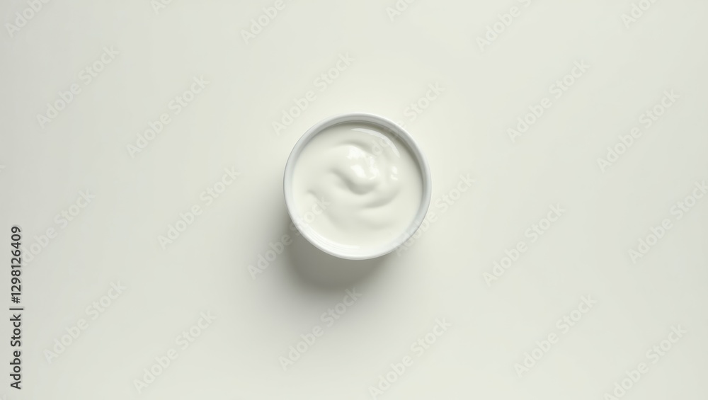 L Reuteri. Bowl of yogurt is sitting on white surface L Reuteri. Bowl of yogurt is sitting on white surface