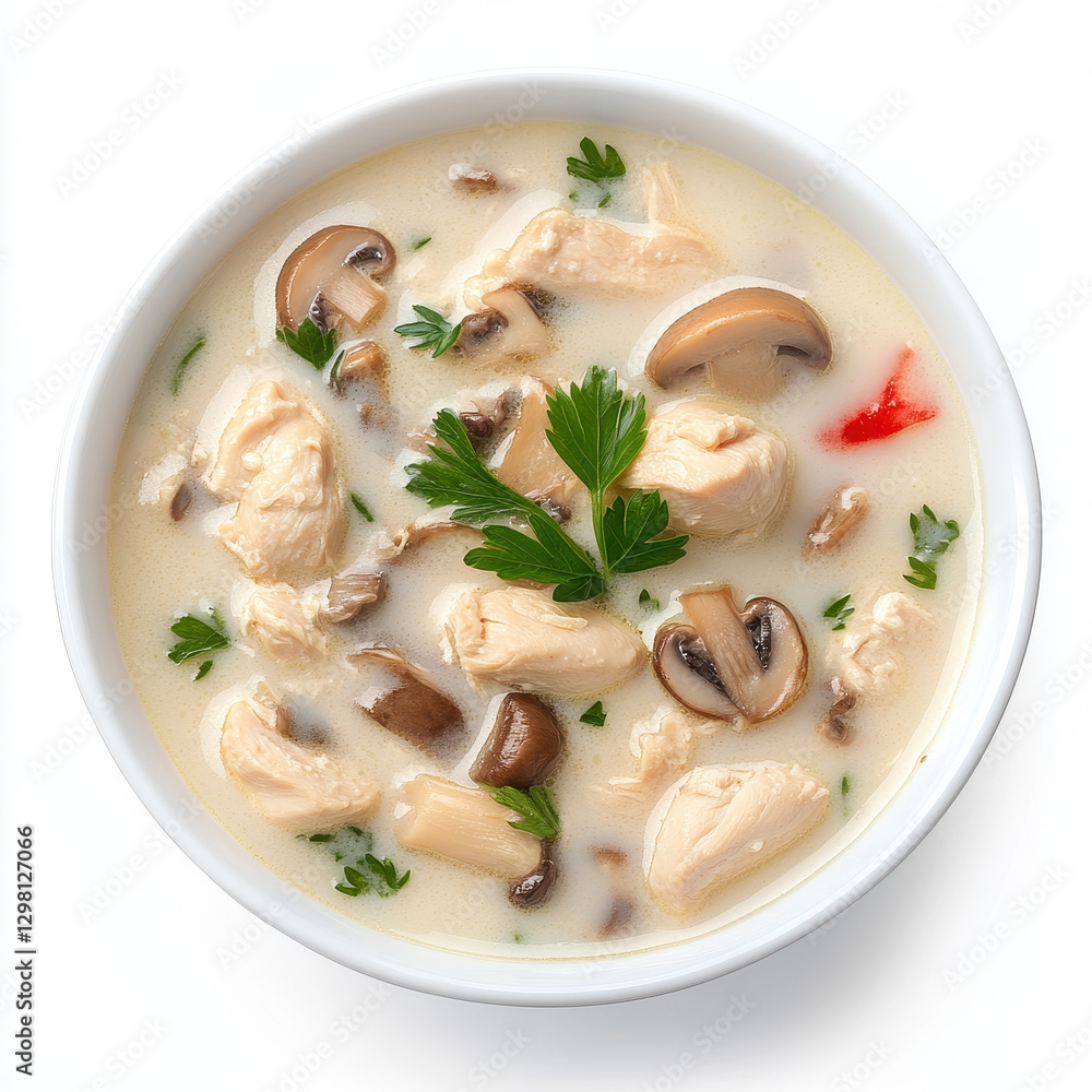 Creamy Mushroom Chicken Soup: An overhead shot captures a hearty, comforting bowl filled with tender chicken chunks, savory mushrooms, and fresh herbs. The creamy broth invites indulgence and warmth. Creamy Mushroom Chicken Soup: An overhead shot captures a hearty, comforting bowl filled with tender chicken chunks, savory mushrooms, and fresh herbs. The creamy broth invites indulgence and warmth.
