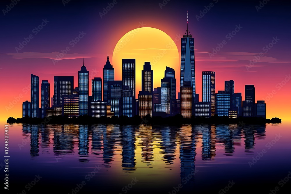 Fototapeta premium Manhattan sunset cityscape reflection