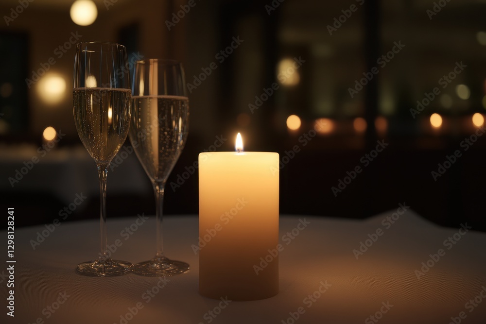 Romantic Candlelight Dinner Setting with Sparkling Wine Glasses Romantic Candlelight Dinner Setting with Sparkling Wine Glasses
