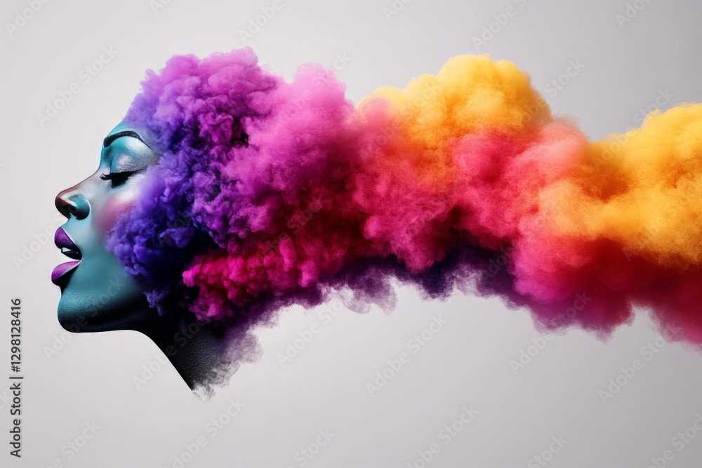 Fototapeta premium Artistic conceptual portrait of a woman with vibrant colored smoke emanating from her head representing creative imagination surreal thought and abstract digital aesthetics