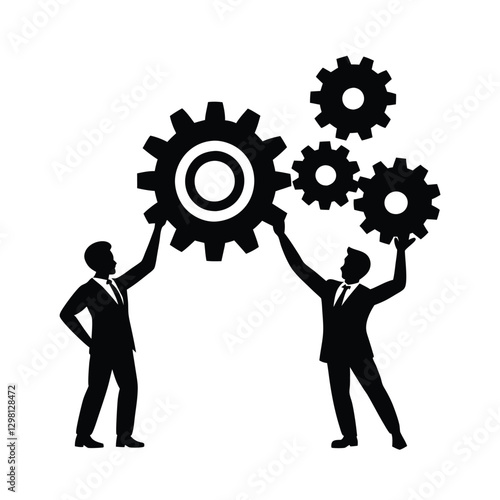 Innovative business team silhouette placing gears in motion for new ideas