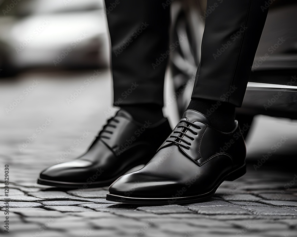 Man's black shoes, city street, car Man's black shoes, city street, car
