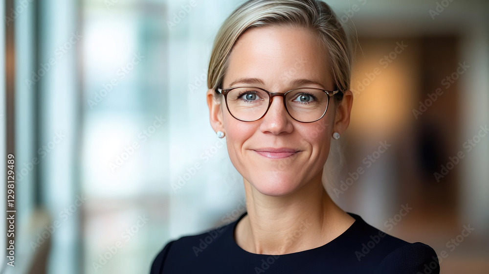 smiling woman with glasses in professional setting smiling woman with glasses in professional setting