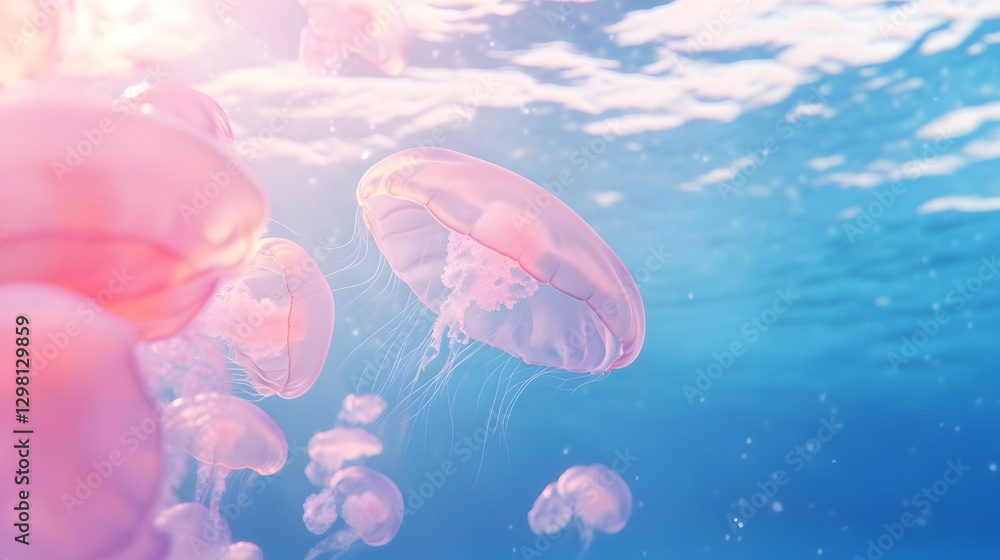 Fototapeta premium The colorful jellyfish swarm in the ocean, viewed from bottom to top, Generative AI