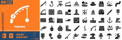 Fishing Solid Editable Icons set. Vector illustration in modern thin solid style of fishing icons: water, fish, rod, etc