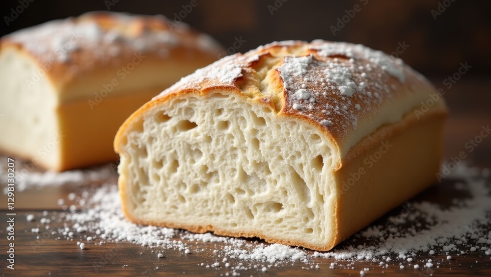 Poolish. Bread is cut in half and sitting on table Poolish. Bread is cut in half and sitting on table