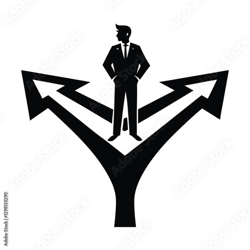 Contemplative businessperson silhouette standing at a crossroads, decisively choosing direction