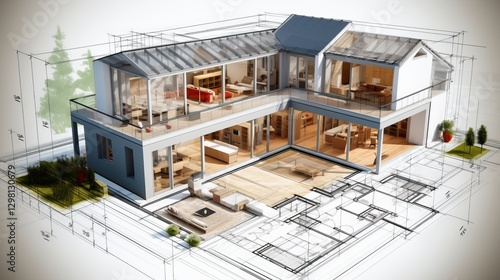 vision of architecture of a 3d model house project with blueprint