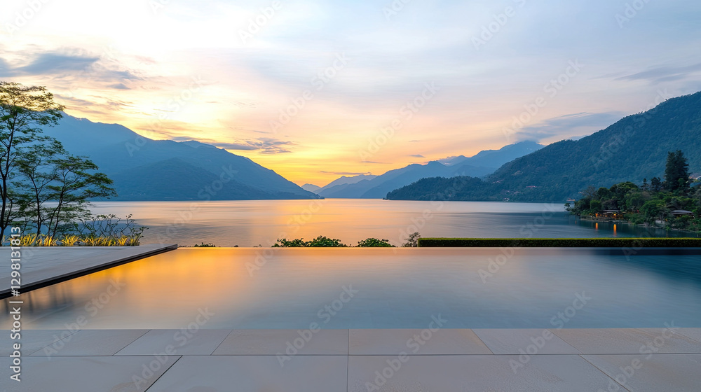 Fototapeta premium Infinity pool overlooking serene lake and mountains at sunset