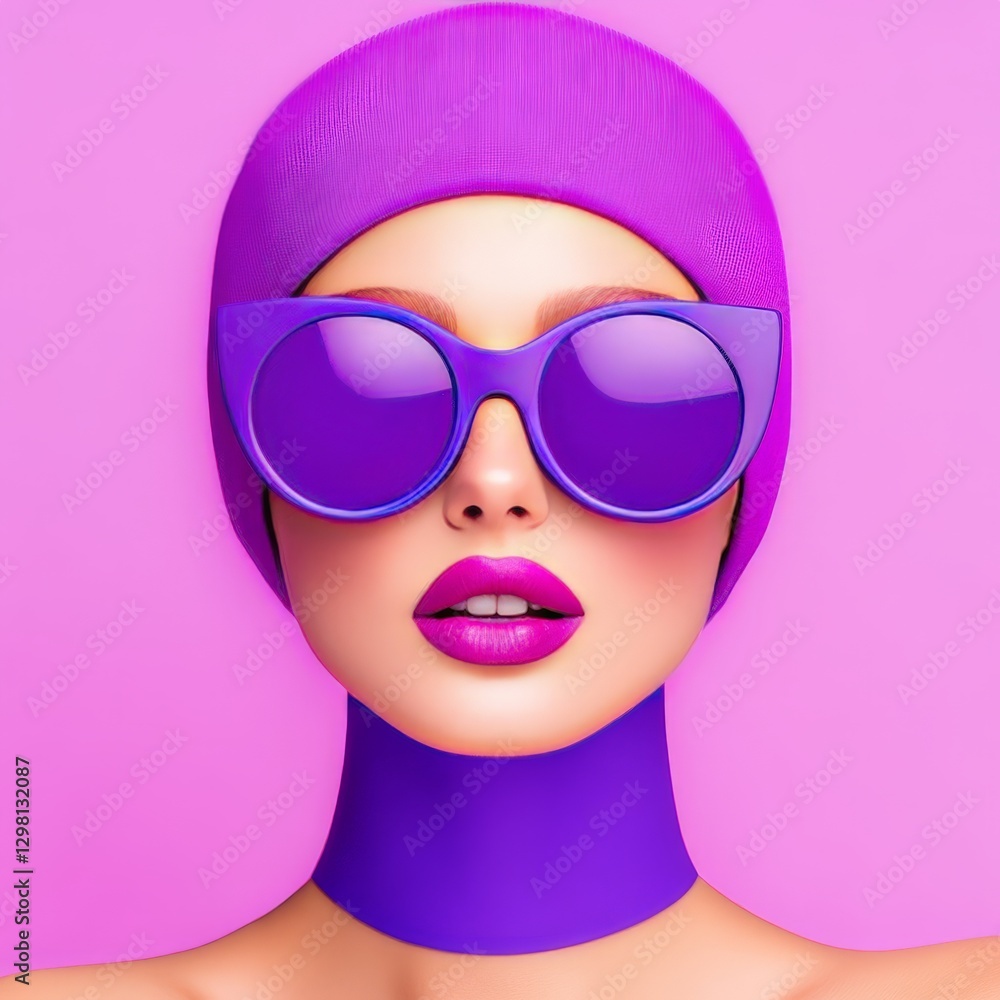 Modern high fashion portrait of a woman wearing a pink beanie and futuristic sunglasses with bold lips and vibrant color palette Modern high fashion portrait of a woman wearing a pink beanie and futuristic sunglasses with bold lips and vibrant color palette