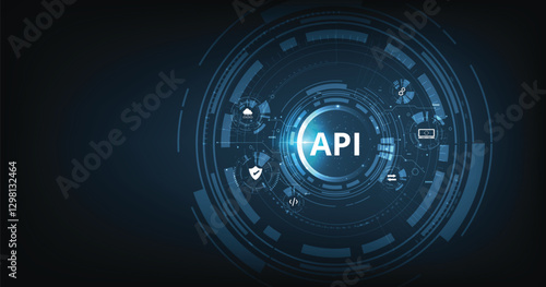 Application Programming Interface (API) concept. Software development tool, information technology, modern technology, internet and networking concept on dark blue background.	