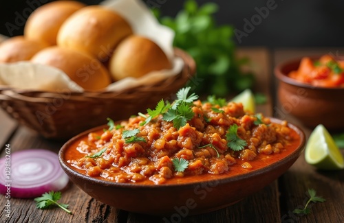 Wallpaper Mural Vegetarian dish - Pav Bhaji, served in bowl on wooden table. Indian fast food closeup with bread buns in basket, lime, red onion, cilantro. Traditional tasty meal. Torontodigital.ca