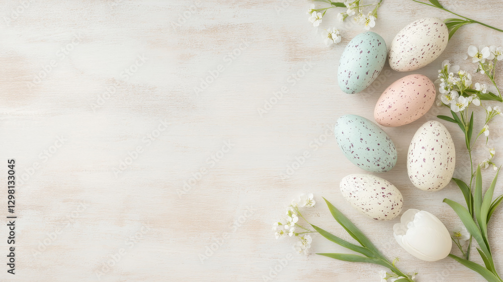 Easter background. Easter painted eggs and spring flowers on a white background, top view, copy space Easter background. Easter painted eggs and spring flowers on a white background, top view, copy space