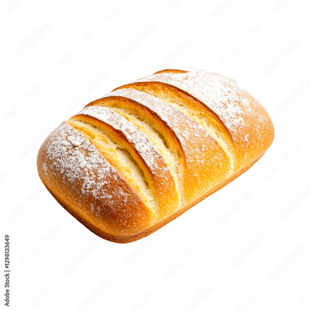 A fresh loaf of white bread showing its golden crust and soft interior, isolated on white transparent background. A fresh loaf of white bread showing its golden crust and soft interior, isolated on white transparent background.