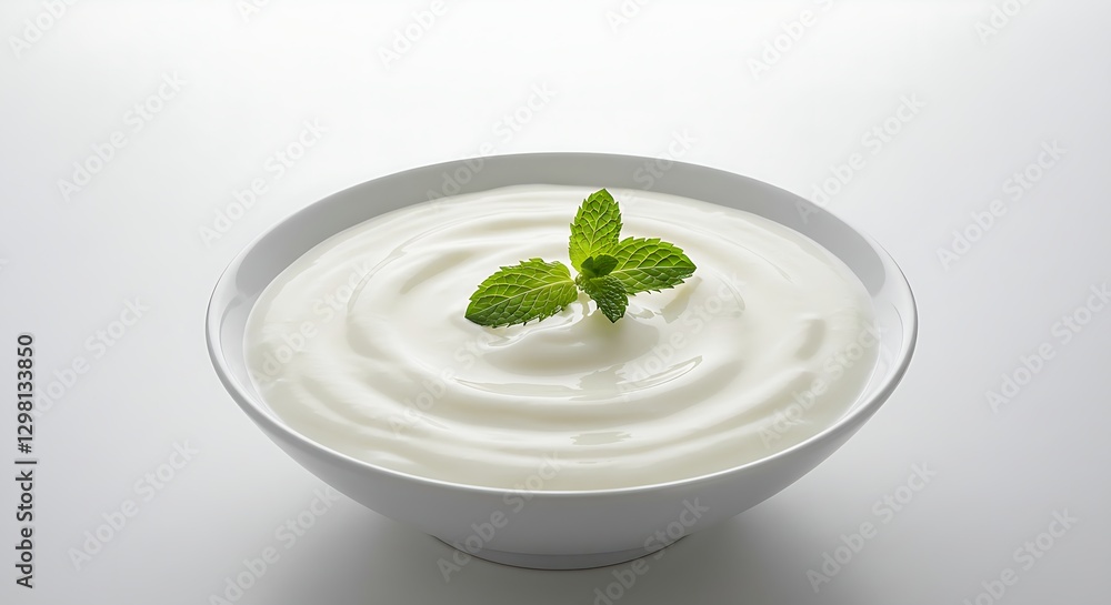 A bowl of laban (Arabic yogurt) with mint leaves on a white background A bowl of laban (Arabic yogurt) with mint leaves on a white background