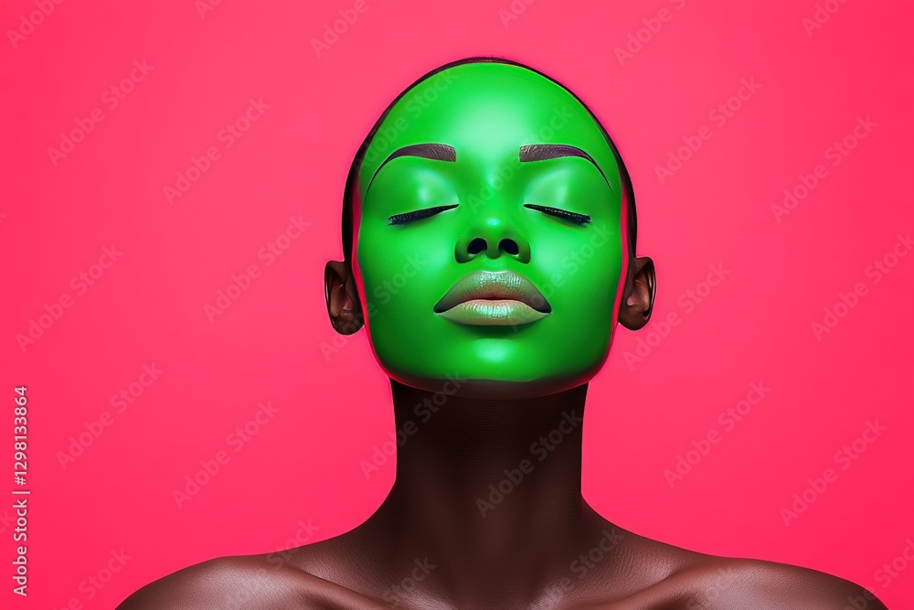 Conceptual portrait of woman with deep green painted face against bold pink background surreal artistic photography exploring abstract identity and modern beauty Conceptual portrait of woman with deep green painted face against bold pink background surreal artistic photography exploring abstract identity and modern beauty