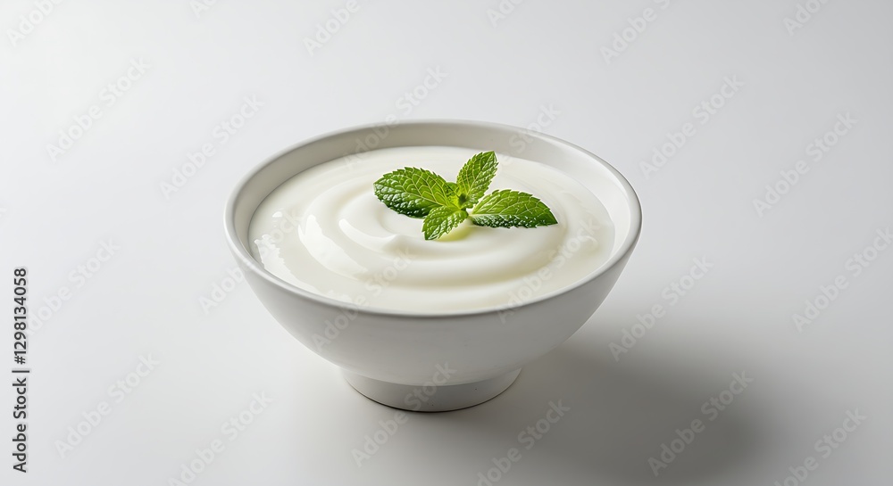 A bowl of laban (Arabic yogurt) with mint leaves on a white background A bowl of laban (Arabic yogurt) with mint leaves on a white background