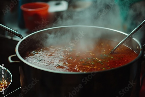 Rich Tomato Soup in Large Pot with Steam Rising at Kitchen Scene