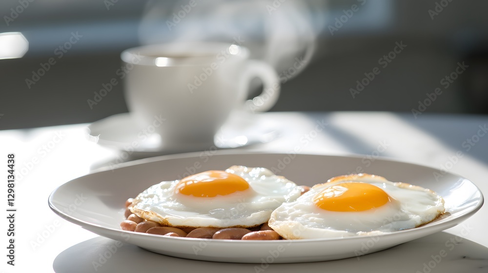 A classic, hearty breakfast with sunny-side-up eggs, crispy sausage and baked beans, Generative AI A classic, hearty breakfast with sunny-side-up eggs, crispy sausage and baked beans, Generative AI