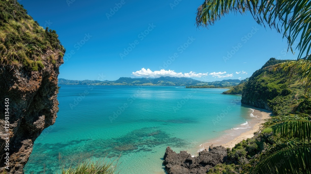 Serene bay view with turquoise water framed by cliffs and foliage under clear sky Serene bay view with turquoise water framed by cliffs and foliage under clear sky