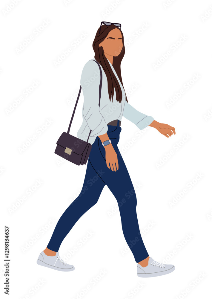 Obraz premium Girl walking side view. Modern young woman wearing street fashion casual outfit, jeans, white shirt, sneakers with hand bag. Vector realistic illustration isolated