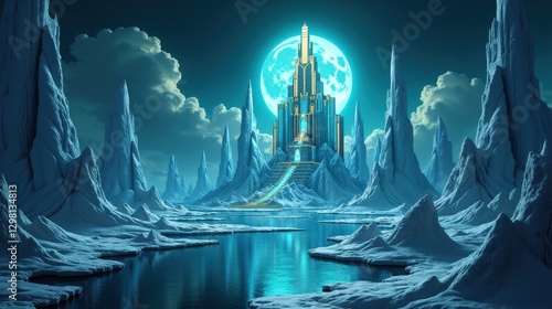 A vast ocean planet covered in glowing icebergs, floating Art Deco monolithic structures, and deep trenches filled with mysterious, radiant lifeforms.