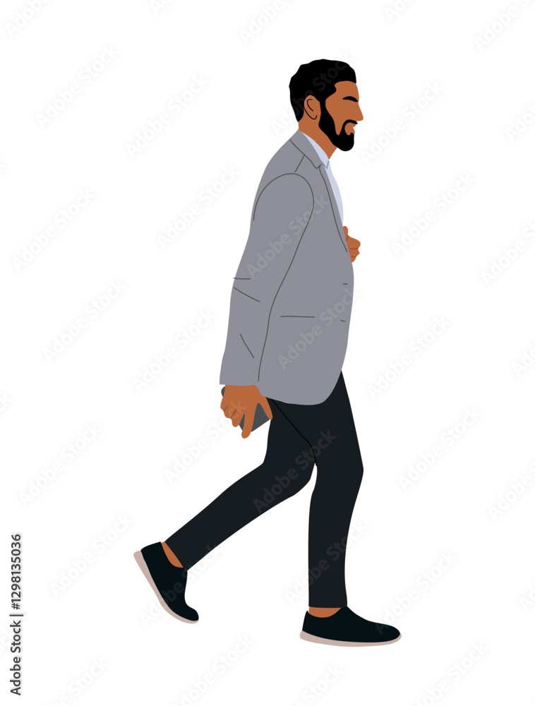 Businessman walking side view. Handsome bearded man wearing formal office outfit. Vector realistic illustration isolated Businessman walking side view. Handsome bearded man wearing formal office outfit. Vector realistic illustration isolated