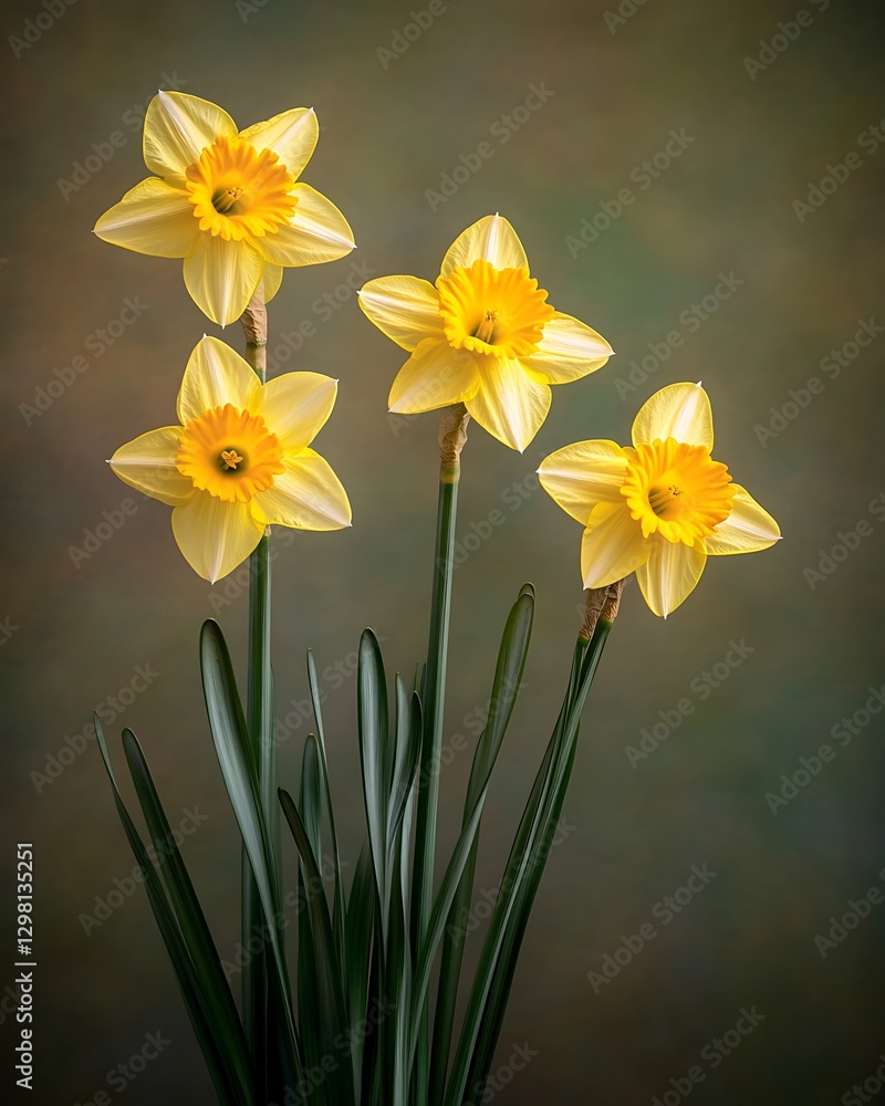 Daffodils bloom in studio, a blurred background for spring ad campaigns, decor, & cards Daffodils bloom in studio, a blurred background for spring ad campaigns, decor, & cards