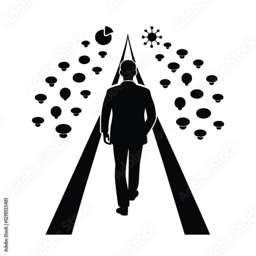 Driven entrepreneur silhouette walking on a creative path of breakthrough ideas