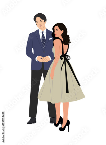 Beautiful young couple wearing evening formal outfit for celebration, wedding, event, party. Happy asian man and woman in gorgeous clothes vector realistic illustration isolated