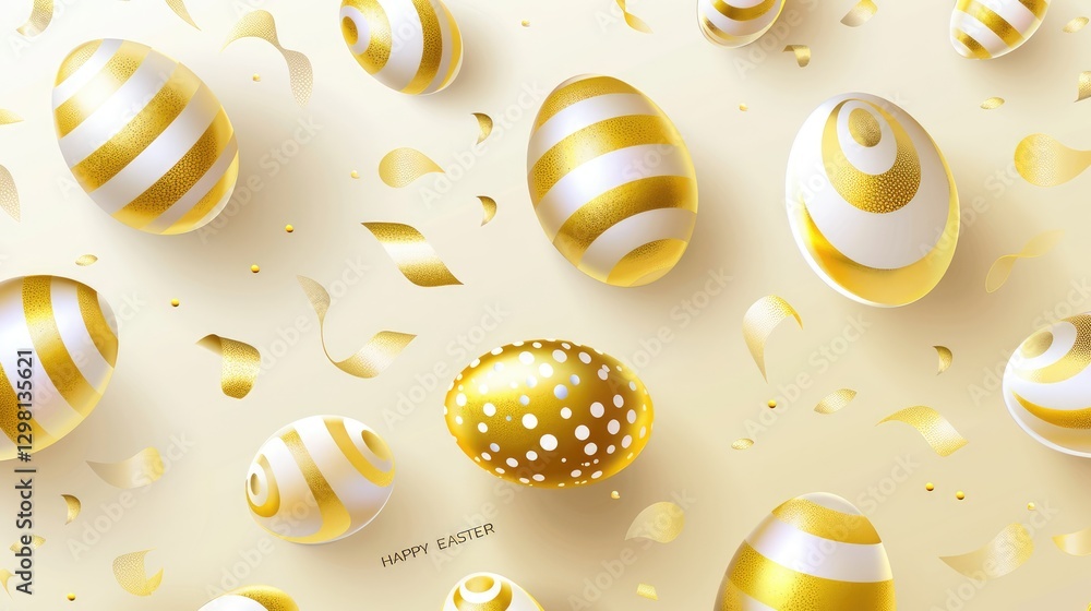 Golden Easter eggs on light yellow background with Golden Easter eggs on light yellow background with