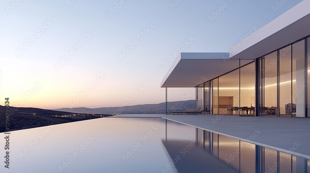 Modern house with infinity pool at sunset Modern house with infinity pool at sunset