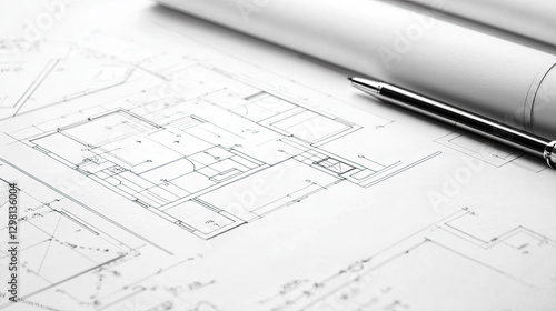 Architectural blueprint with pen on desk