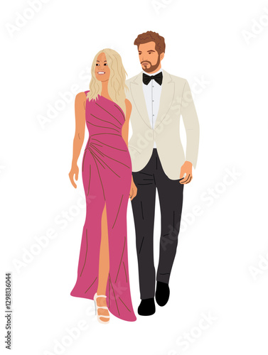 Beautiful couple wearing evening formal outfit for celebration, wedding, event, party. Happy man and woman in gorgeous clothes vector realistic illustration isolated