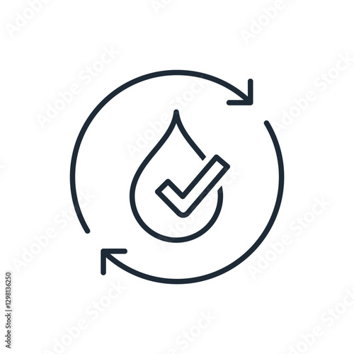 Water system with a tick. Performing constantly occurring tasks. Vector linear icon isolated on white background.