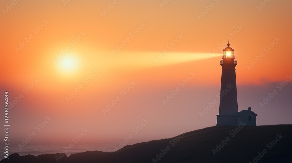 A lighthouse casts its light towards the ocean during a serene, colorful sunset, symbolizing guidance and safety. A lighthouse casts its light towards the ocean during a serene, colorful sunset, symbolizing guidance and safety.