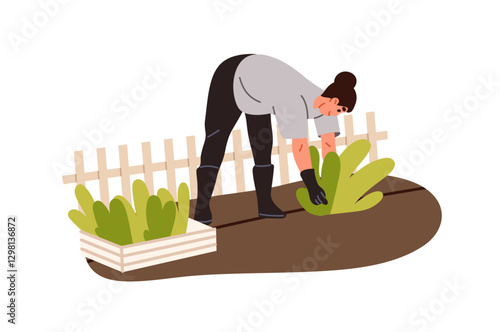 Farmer planting sprouts into soil. Farm worker replanting seedlings from pot into seedbeds. Woman cares about garden, does cultivation, works on ground. Flat isolated vector illustration on white