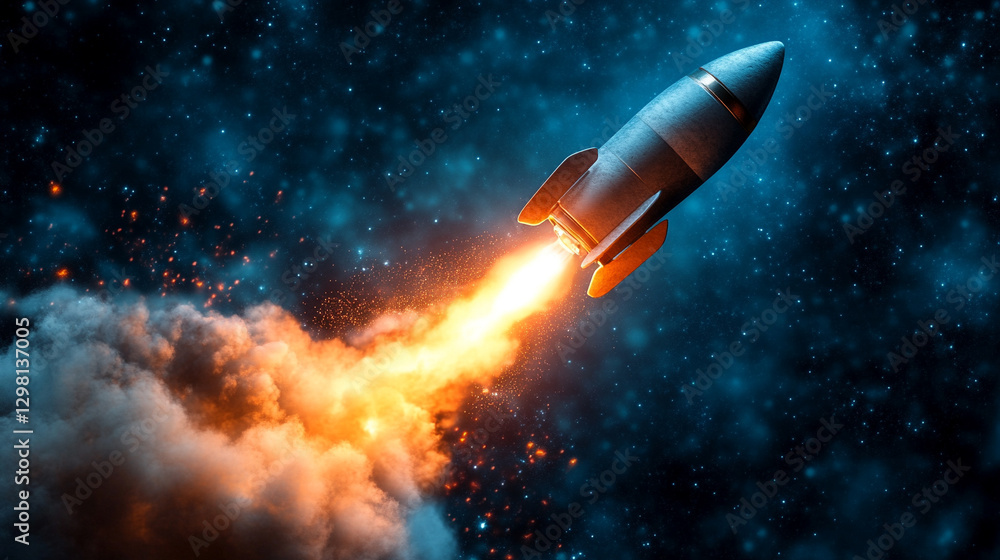 Naklejka premium An innovative lightbulb and a cute 3D rocket launch on a soft blank background symbolize creativity, progress, and new ideas. A futuristic representation of modern thinking and technological advancem