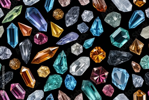 a close up of a bunch of different colored crystals on a black background