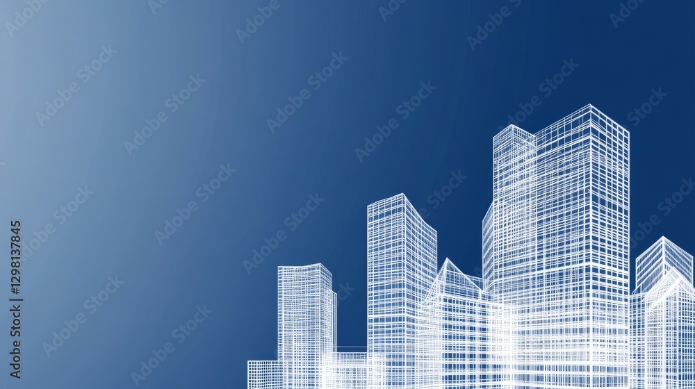 Futuristic architectural blueprint rendering of a smart city skyline with transparent high rise buildings and a deep blue gradient background Futuristic architectural blueprint rendering of a smart city skyline with transparent high rise buildings and a deep blue gradient background