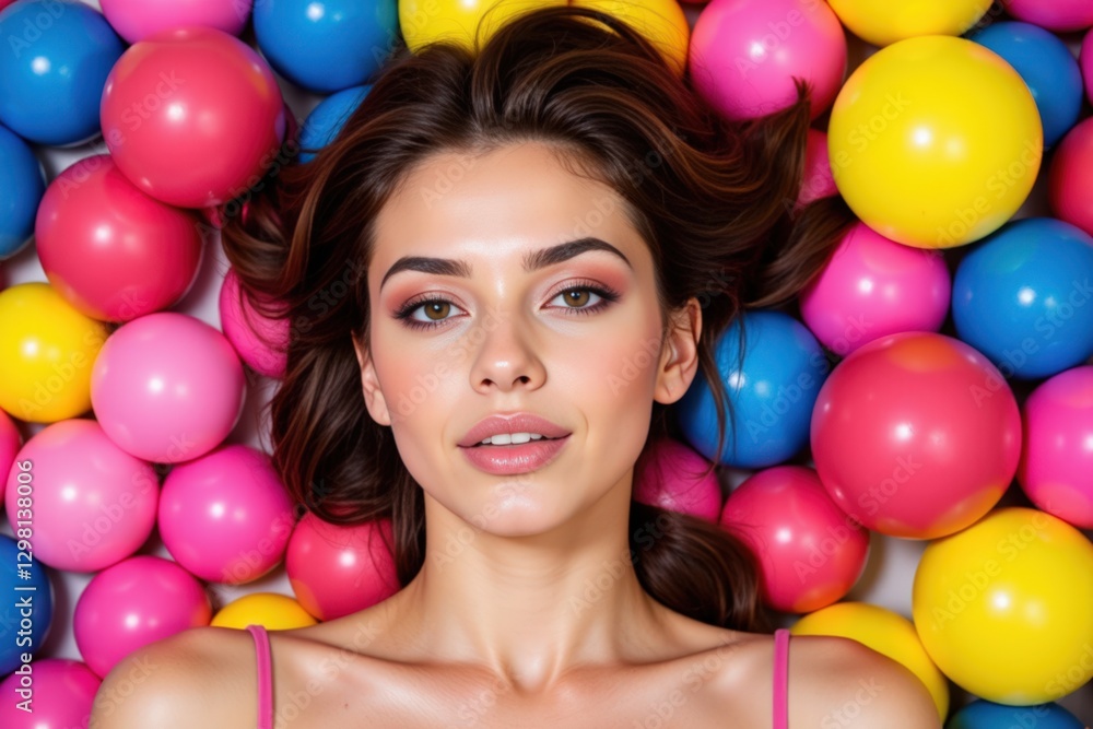 Obraz premium A Young Caucasian Woman with Dark Hair and Glamorous Makeup Surrounded by Colorful Plastic Balls in Pink, Yellow, and Blue, Creating a Playful and Vibrant Atmosphere