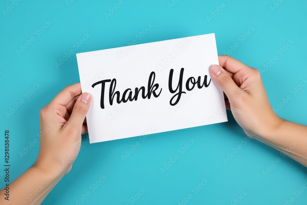 A Close-Up of Two Hands of an Unknown Adult Individual Holding a 'Thank You' Card Against a Bright Turquoise Background, Expressing Gratitude and Appreciation. A Close-Up of Two Hands of an Unknown Adult Individual Holding a 'Thank You' Card Against a Bright Turquoise Background, Expressing Gratitude and Appreciation.