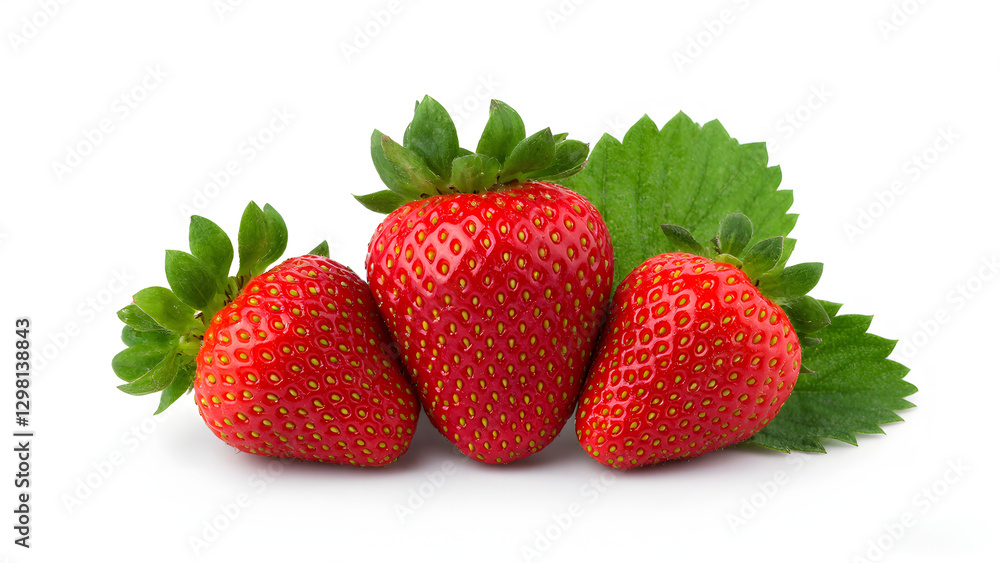 Fresh Ripe Strawberries with Green Leaves Isolated on White Background Fresh Ripe Strawberries with Green Leaves Isolated on White Background
