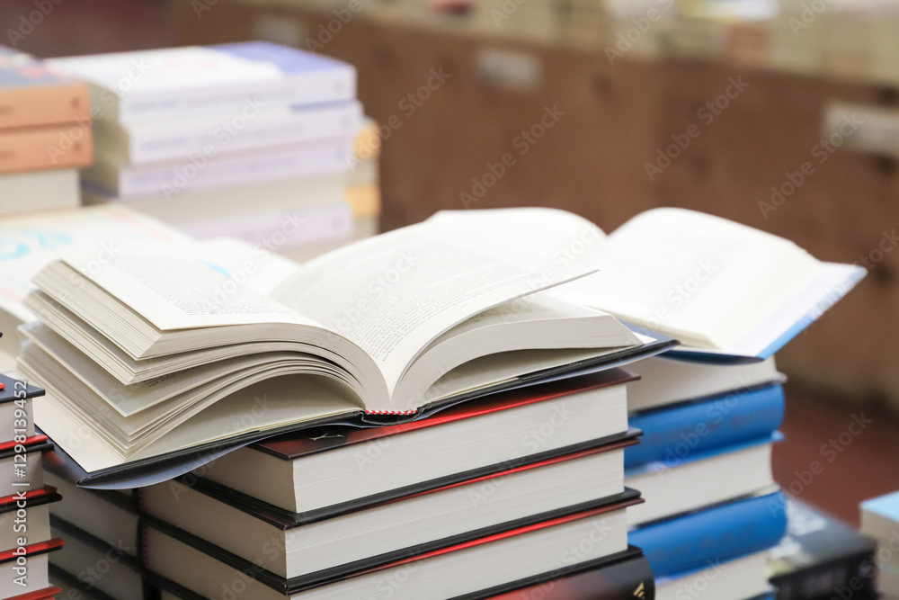 stack of books on the table. open book stack of books on the table. open book