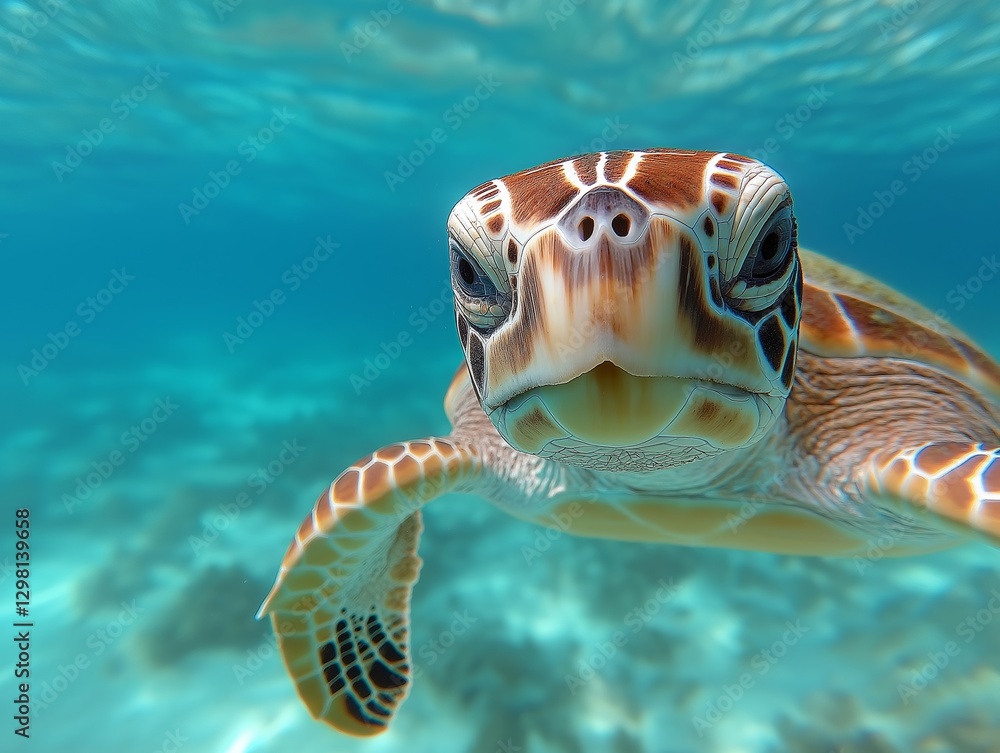 Fototapeta premium Close-up of a turtle swimming in clear blue water, symbolizing ocean conservation
