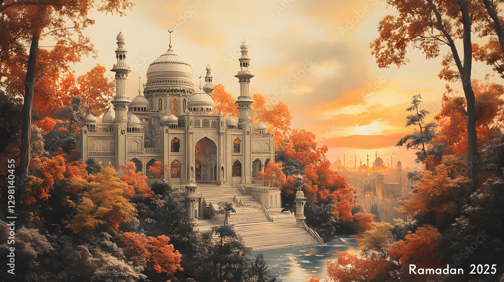 Obraz premium Autumnal Mosque Sunset, Forest Landscape