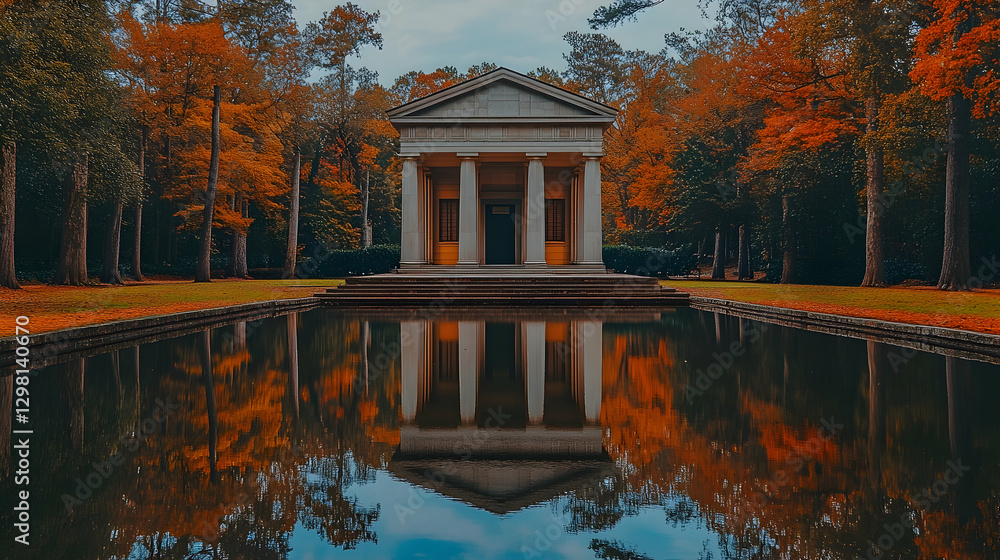 Obraz premium Autumnal temple reflection in park pond